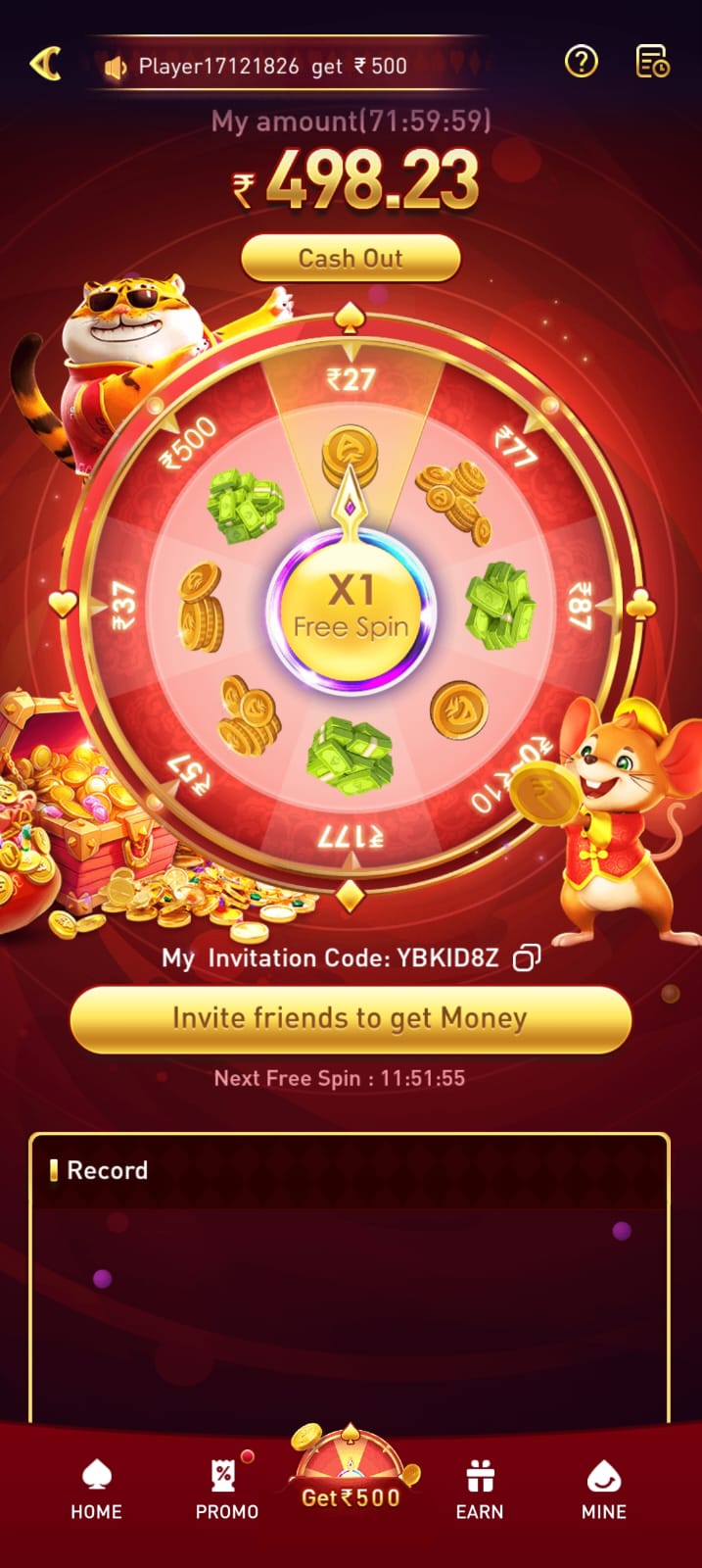 JW777 Game reward wheel showing free spin and ₹500 reward options