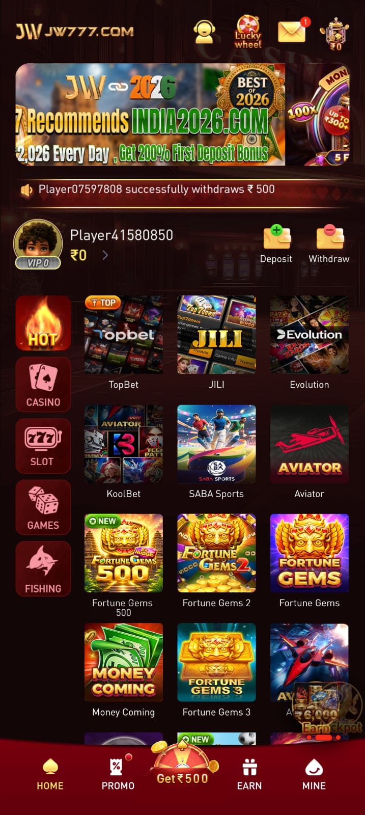 JW777 Game homepage showing casino, slot, games, fishing and sports categories