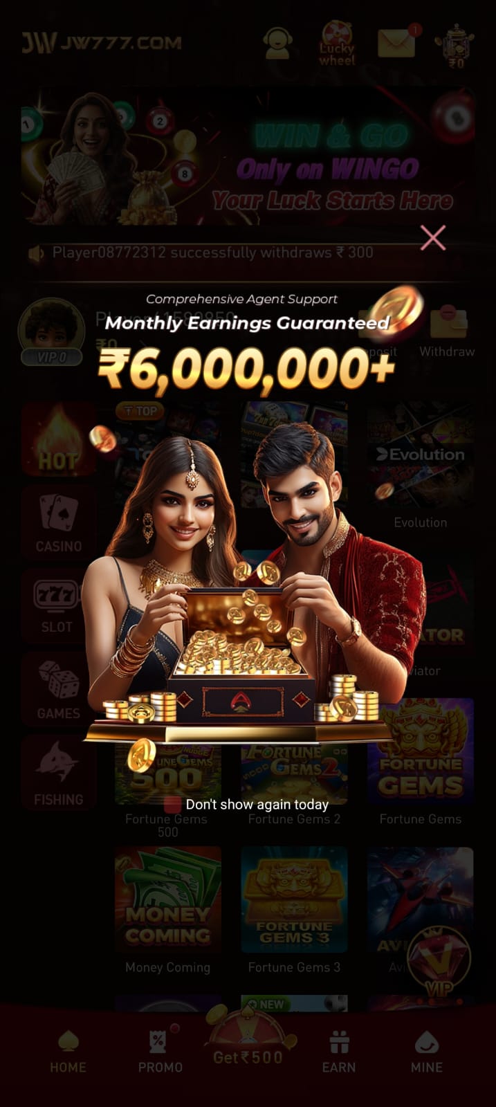 JW777 Game monthly earnings promotional banner with gaming interface